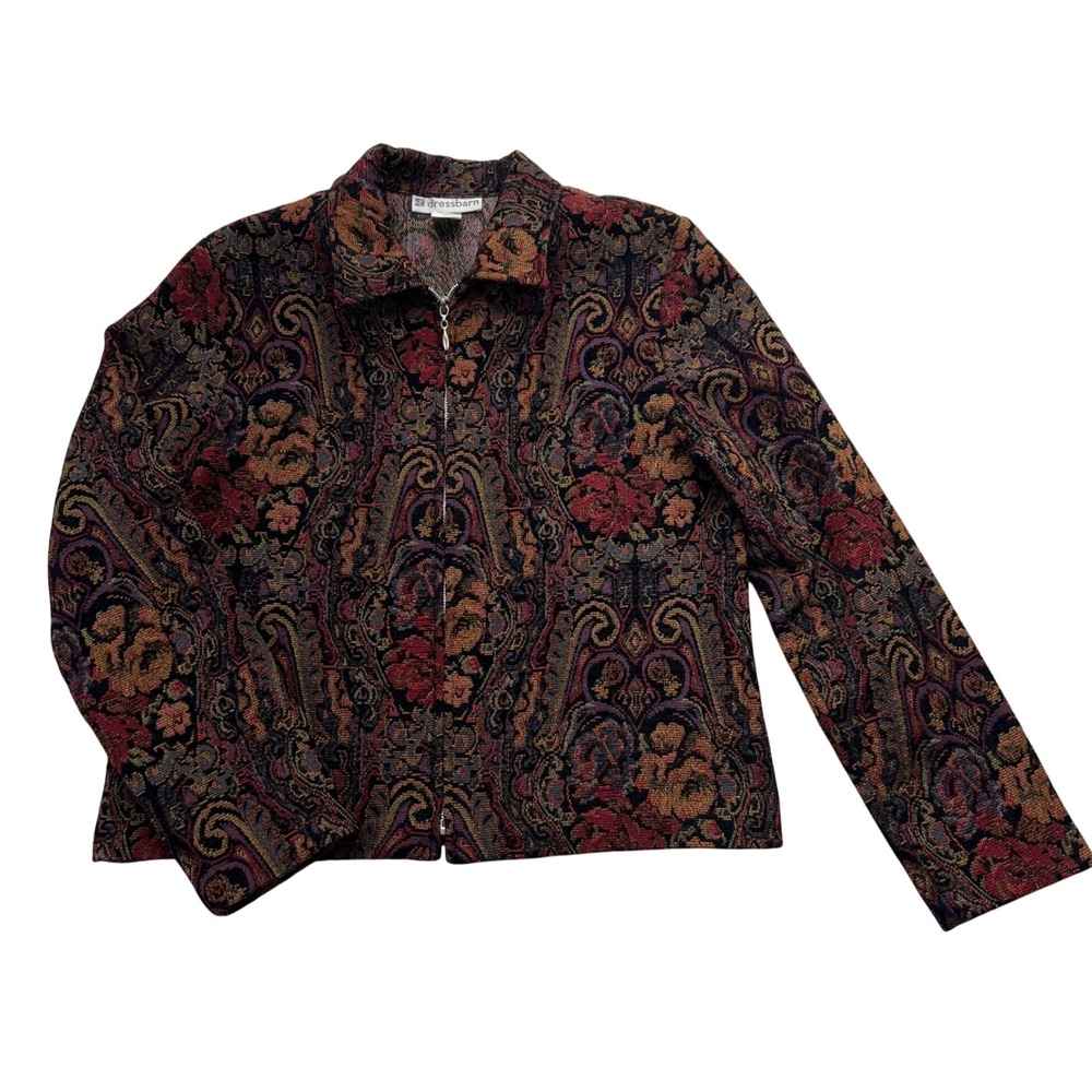 Dressbarn Tapestry Jacket Womens Small Multicolor Floral Paisley Zip Up VTG 90s